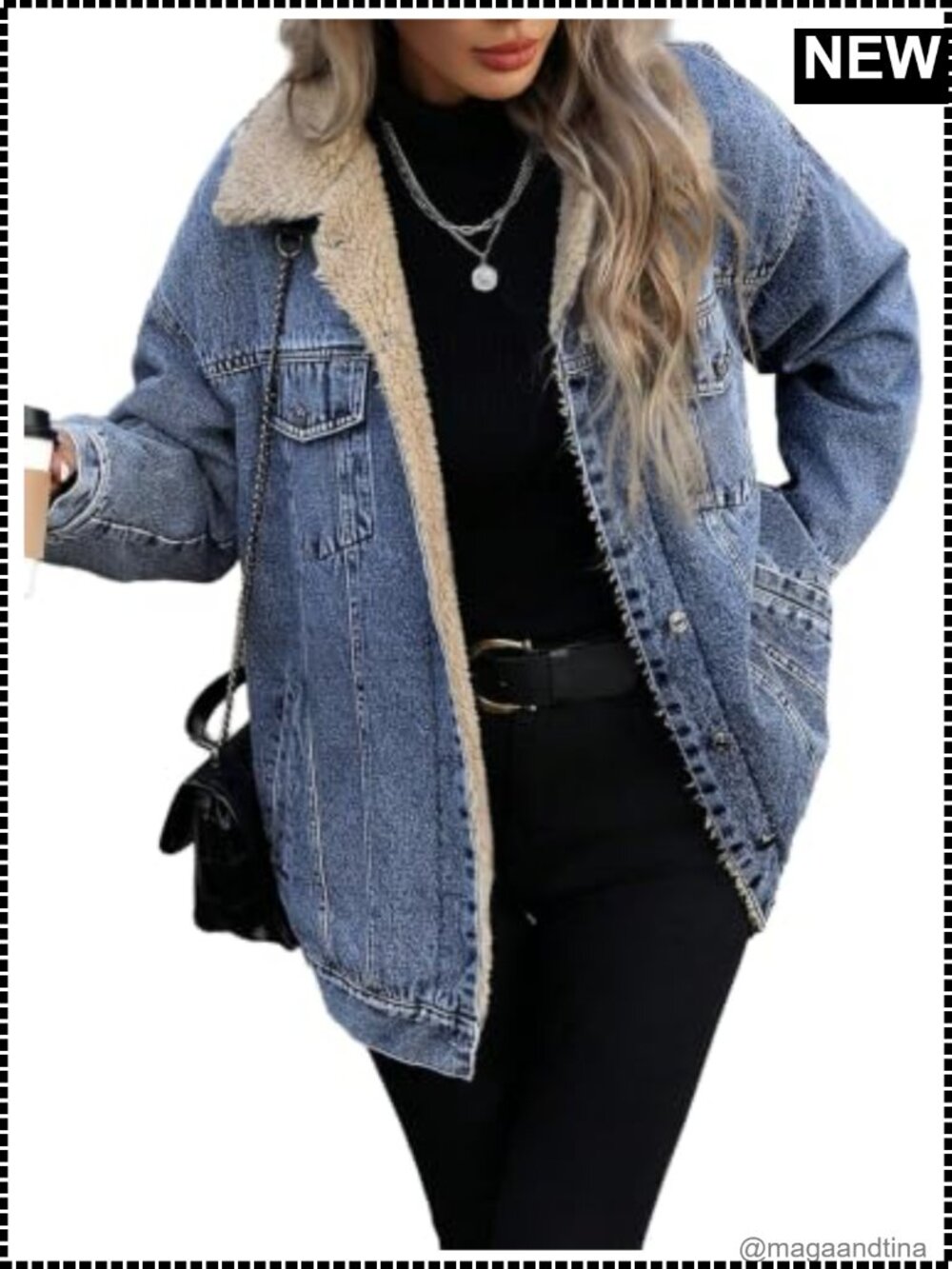 Oversized Fleece Lined Trucker Jean Jacket Long Sherpa Denim Coat
